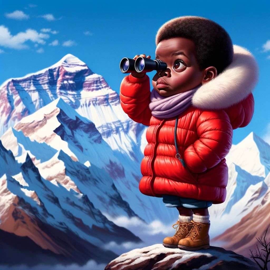 someone gazing at Mount Everest, digital art, caricature